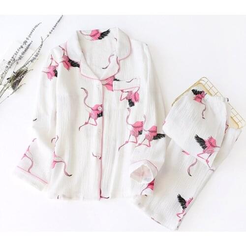 Sweet Cute Flamingo Print Pajamas Women 100%cotton Homewear Long Sleeve Shirt + Pants Sleepwear Female Loose Nightwear Home Suit