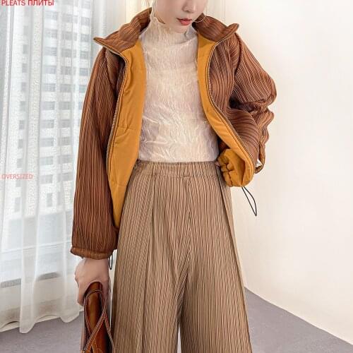 Miyake Pleated Version Korea Zipper Cotton-padded Winter Style Temperament Show Thin Bundle Mouth Pure Color Simple Cotton