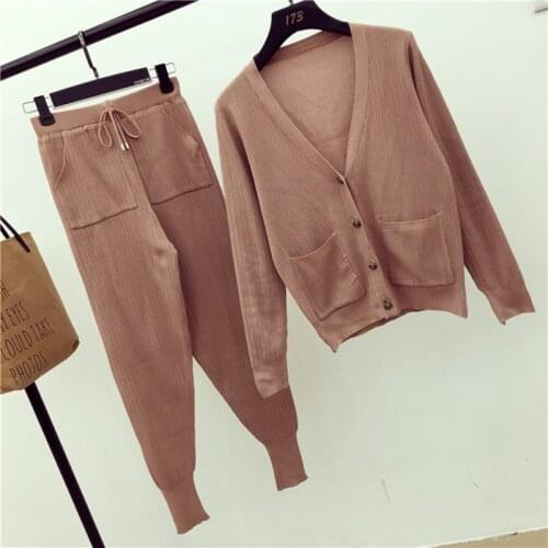 Fashion Women V Neck Single Button Cardigans+Pants Clothing Sets Long Sleeve Woman Soild Jackets Pants 2PCS Suits