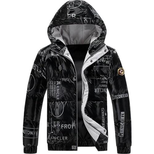 2021 Winter Man Warm Parkas Cotton Padded Thick Thermal Shinny Overcoats With Removable Hood Printed Bright Windbreaker Outwear