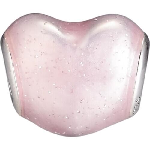 Soft Pink Enamel Glittering Heart Charms 925 Sterling Silver Beads For Jewelry Making Fits Original Chain Bracelets Berloque