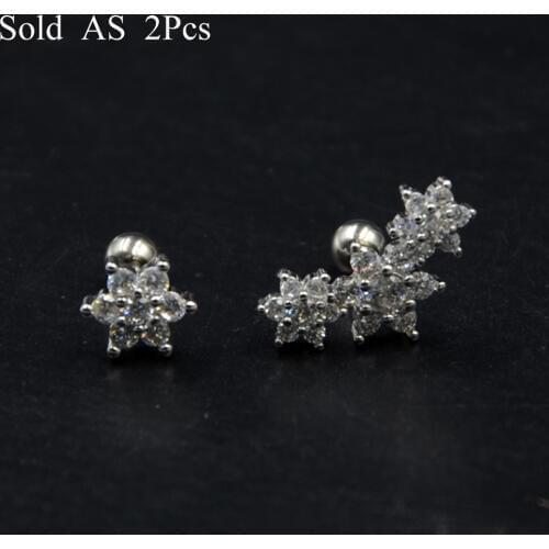 Pair Prong Set Round Zircon CZ Gem Blossom Flower Ear Tragus Ear Cartilage Earring Stud Barbells Piercing Body Jewelry