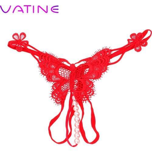 VATINE Open Crotch Underwear Women Sexy Lingerie Hot Erotic Sexy Panties Faux Pearl Decor G-string Thong Panties