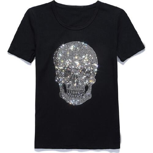New Women Shinning Skull Hot Drilling T-Shirt Black Cotton Short Sleeve High Quality Rhinestone Print Skull T Shirt Top Tees