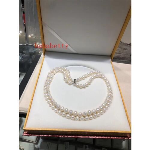 New Natural Freshwater Cultured White Pearl 2 Row 7-8MM Necklace Magnet clasp NO BOX