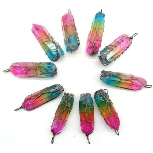 Natural Stone 7 Chakra Quartz Crystal Titanium Crystal Pendant Tree Of Life Reiki Healing Chakra Jewelry Making Necklace 6Pcs