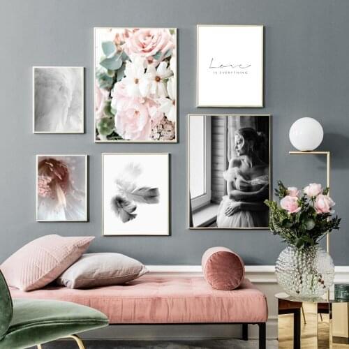 Feather Pink Peony Rose Stamen Girl Wall Art Canvas Painting Nordic Posters And Prints Wall Pictures For Living Room Home Decor