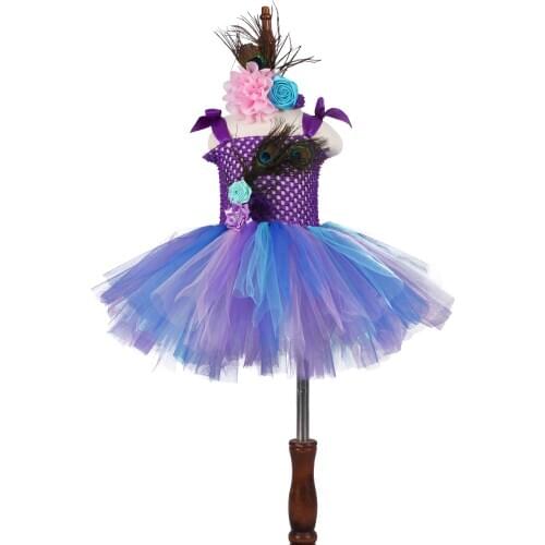 Girls Flower Peacock Fluffy Tutu Dress With Headband Set Birthday Party Purple Dress Kids Halloween Animal Costume Photo Props