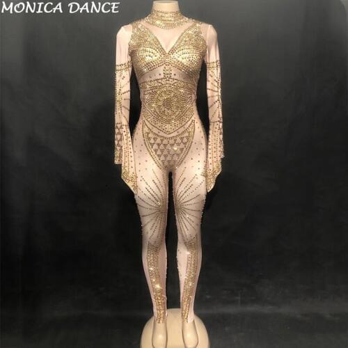Stage Bling Gold Rhinestones Jumpsuit Women Birthday Celebrate Stretch Costume Bodysuit Performance Evening Dance Show Wear