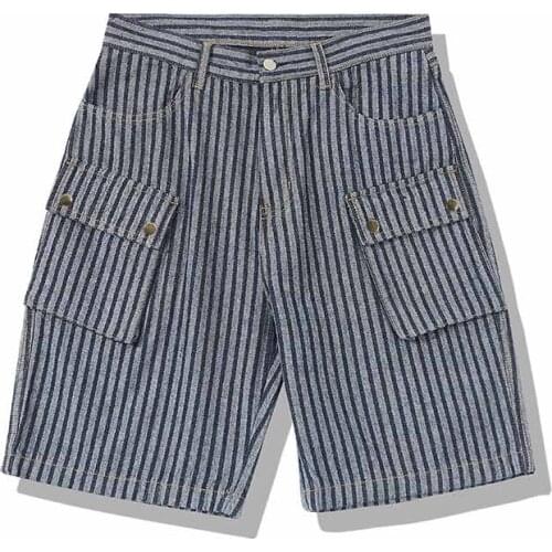 Mcikkny Men Summer Cargo Short Jeans Multi Pockets Stripe Vintage Denim Shorts For Male Y218