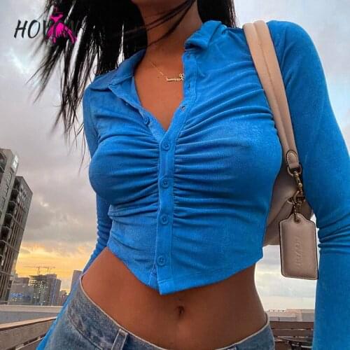 GINCCI Single Breasted Turn-Down Collared Blue Shirt Women Elegant Blouse Autumn Button Up Long Sleeve Tops Cardigan Streetwear