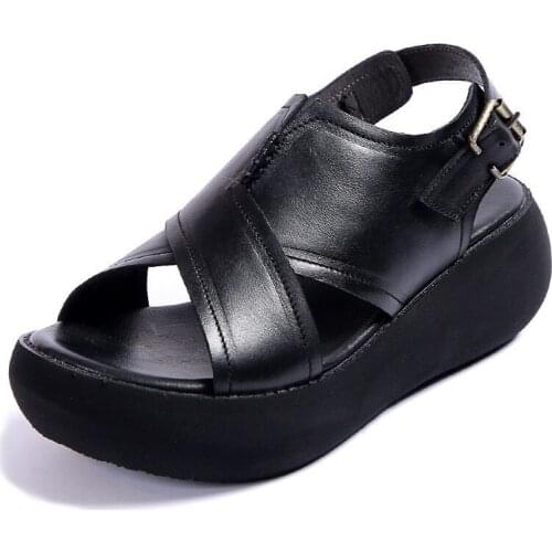 New Genuine Leather Ladies Sandals High Heel Design Outsole Black Platform Wedges Sandals for Women 2021 Summer Cool Beach Shoes