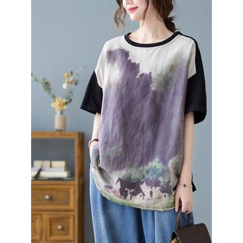 Women Summer Cotton Casual T-shirts New Arrival 2021 Simple Style O-neck Vintage Print Loose Comfortable Female Tops Tees B372