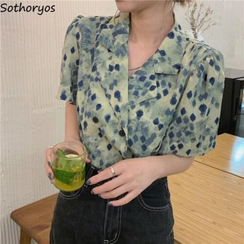 Short Sleeve Shirts Women Casual Vintage Chiffon Elegant Chic Ladies OL Simple Blusas Notched Stylish Summer High Street Ulzzang