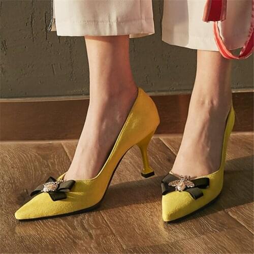 Ladies Pointed Toe Pumps Stiletto High Heels Slip on Bow Dress Pumps Brand Designer Spring Womens Shoes Yellow Black Size 10 42