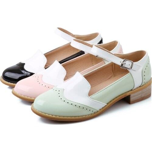 Ladies Buckle Strap Mixed Colors Single Shoes Round Toe School Style Mixed Colors Shoes Cute Retro Wood Heel Square Green Black