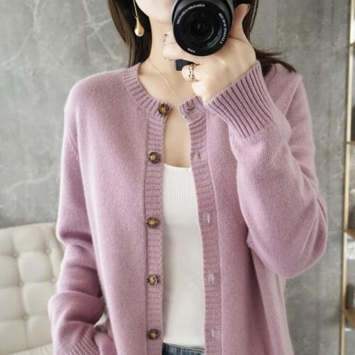 2021 Spring Autumn New Women' Cashmere Cardigan Loose Fashion Jacket Wild Round Neck Pure Wool Knit Coat Base Shirt Soft Sweater