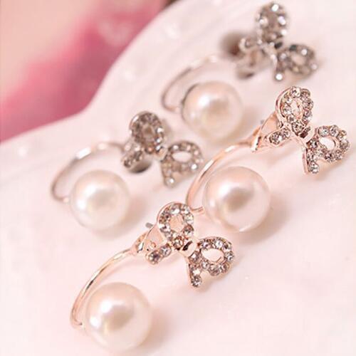 30 pairs/lot Crystal Bowknot Double Sided Pearl Stud Earrings Women Gold Silver Plated Rhinestone Charm Jewelry Zircon Earring