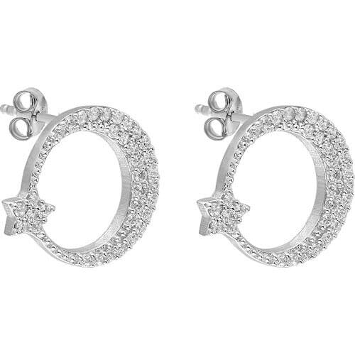 White Zircon Cubic Zirconia Moon Star Turkish Flag Patterned Silver Lady Earrings 925 Sterling Made In Turkey