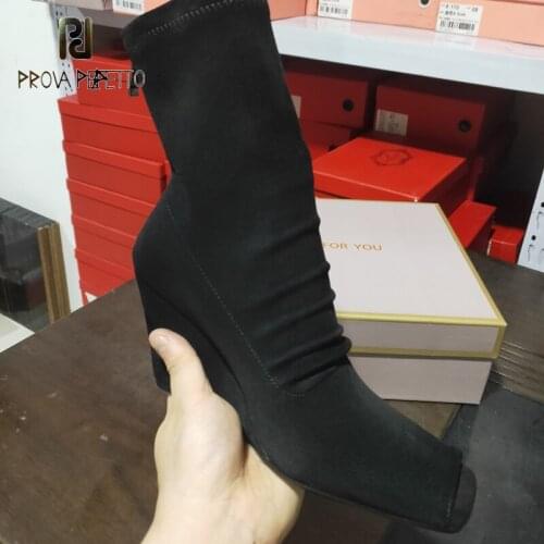 Square Head Fish Mouth Frosted Elastic Boots Wedge High Heels Autumn Fashion Wrinkled Back Zipper Ladies Mid-tube Boots