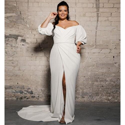 Cheap Plus Size Off The Shoulder Boho Wedding Dresses 2021 Front Split Puffy Sleeves Beach Bridal Gowns Country Customed