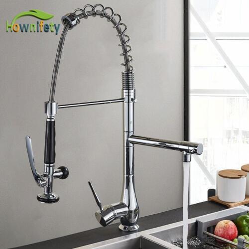 Hownifety Chrome Spring Kitchen Faucet Hot and Cold Mixer Crane Deck Mounted Rotation Sink Tap