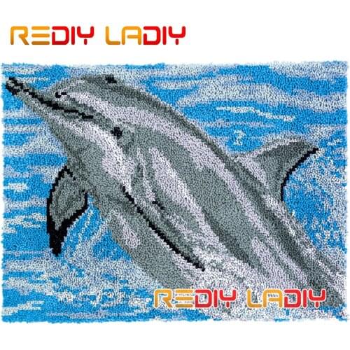 Latch Hook Rug Playing Dolphin Plush Wall Tapestry DIY Carpet Rug Thick Yarn Arts Cushion Crocheting Floor Mat Home Decor Gifts