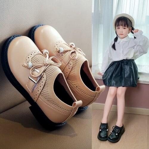 Girls' Leather Shoes Fall New Girls' Black Leather Shoes Flat-bottomed Flying Woven Soft-soled Shoes Baby Girl Shoes