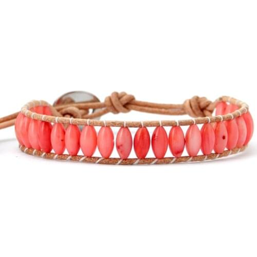 Natural Rice Shape Coral Stone Leather Bracelet Fashionable Leather Wrap Bracelet Coral Jewelry Wedding Gift