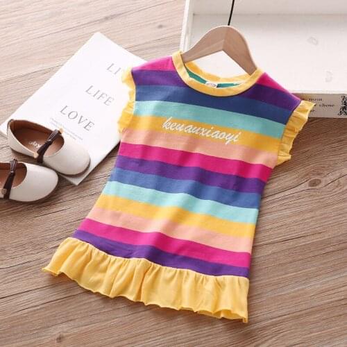 Fashion 2-6 Years Children Girls Dress Summer Rainbow Striped Dress Kids Girls Straight Ruffles Sweet Dress Cotton Clothes