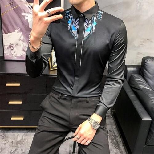 Ethnic Style Print Men Shirts Slim Fit Casual Shirt Male Long Sleeve Business Dress Clothing Social Party Blouse Chemise Homme