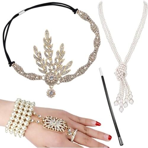 1920s Flapper Accessories Set Rhinestone Headpiece Pearl Knot Necklace Bracelet with Cigarette Holder Gatsby Costume for Women