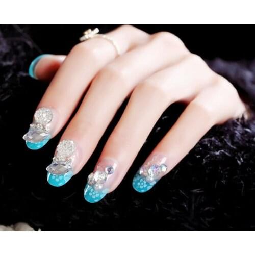 Fake Nails Fresh Blue Diamonds Medium And Long Wear-resistant Nail Stickers Finished Nail Stickers 24 Pcs With Glue Nail Art