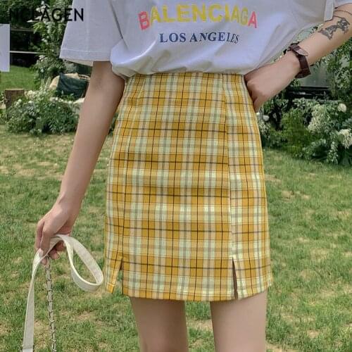 NCLAGEN Women Mini Skirt Vintage Plaid Split Hip Package Empire Waist Party Club Bodycon Skirts With Safety Shorts Girl Ropa