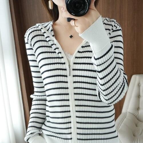 2021 summer new cotton knitted short-sleeved womens cardigan striped color matching cotton and linen half-sleeved hoodie