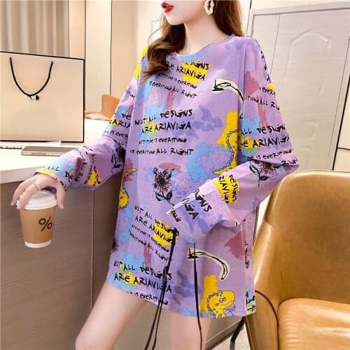 2021 autumn fashion letter print T-shirt for Women funny cartoon t-shirts O-Neck long Sleeve T shirt Harajuku Korean purple tops