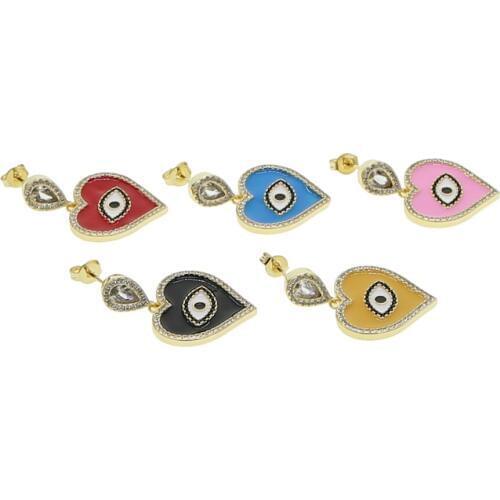 Drop shipping 5 colorful enamel evil eye Heart shape dangle charm earring for women girls gift cz heart lucky turkish jewelry