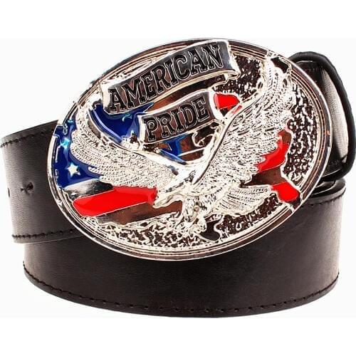 Fashion mens leather belt bald eagle pattern American pride male belt metal buckle flying eagle casual belts gift for man