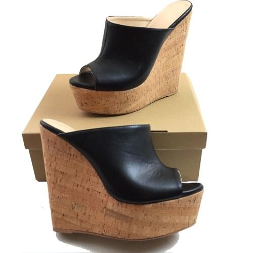 Summer Women Wedge Sandals Peep Toe High Heels Platform Shoes Mules Slip On Ladies Casual Footwear Female Slipper Matte Black