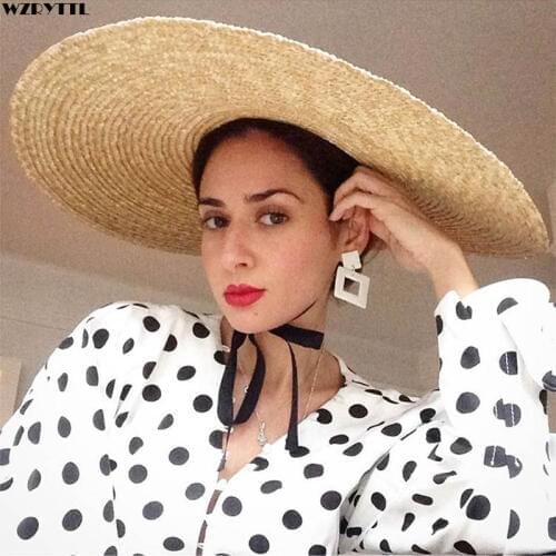 Elegant Natural 18cm Big Straw Hat with Lace Up Wide Brim Kentucky Derby Women Hat Ribbon Girl Summer Sun Protection Beach Hat