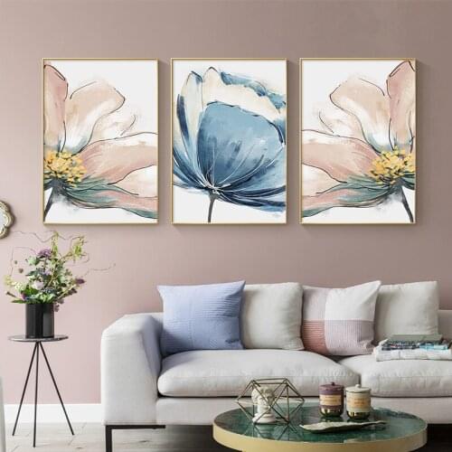 Modern Flower Posters and Prints Nordic Wall Art Pink and Blue Canvas Painting Abstract Pictures for Lving Room Home Decoration