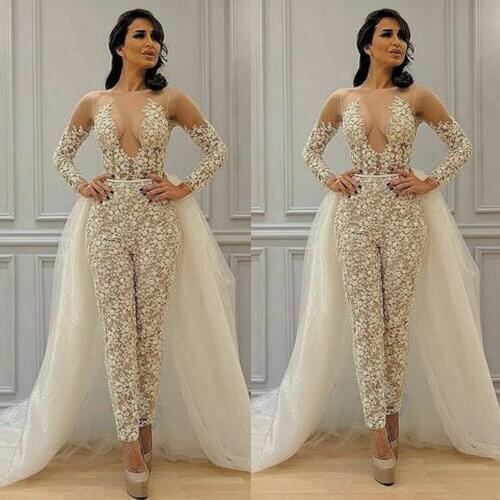 SuperKimJo Detachable Skirt Jumpsuit for Weddings 2020 Lace Applique Long Sleeve Elegant Pant Suit for Women Vestidos Elegantes