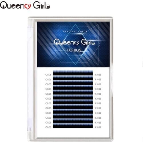 Queenly Girls High Quality Synthetic C Curl Pre Fanned Gradient Blue Green Purple Colored Eyelashes Extension