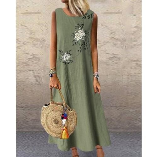 Womens latest green belt printed round neck cotton and linen sleeveless casual and comfortable long skirt