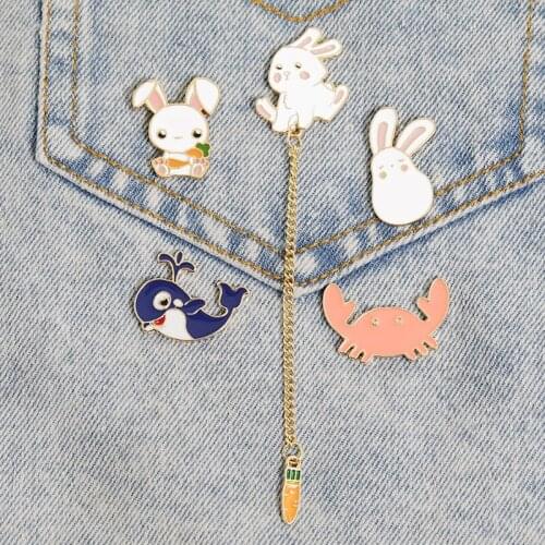 Bunny Carrot Enamel Pins Cute Rabbit Chain Brooches Animals Badge Women Denim Jackets Collar Lapel Pins Cartoon Jewelry Gifts