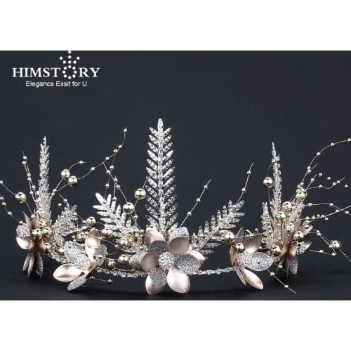 HIMSTORY Vintage Tiara Bronze Gold Leaf Crown Handmade Pearl Headband Hairband Flower Wedding Bridal Kids Hair Jewelry