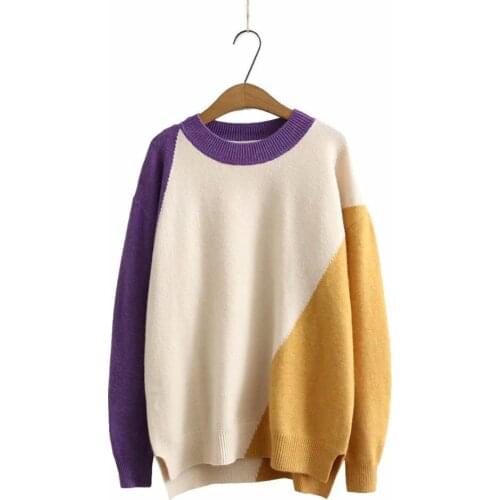 Plus size patchwork women loose sweaters 2021 new winter casual ladies warm knitted O neck sweater feamale tops