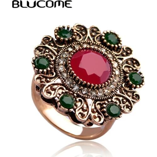 Blucome Turkish Vintage Ring Red Resin Sculpture Garland Rhinestone Jewelry Womens Party Banquet Large Size Finger Accessories