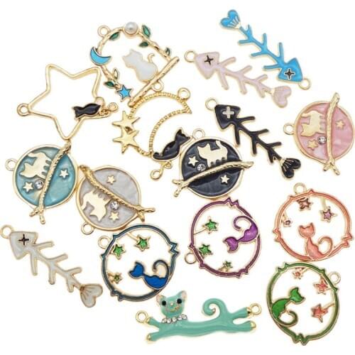 Julie Wang 10PCS Enamel Cat Fish Bone Charms Random Mixed Alloy Gold Tone Necklace Bracelet Earring Jewelry Making Accessory