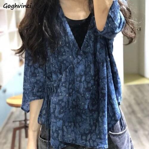Three Quarter Sleeve Blouses Women Printed Loose Zen Stylish Retro Literary Lace-up V-neck Asymmetric Tops Female Spring New